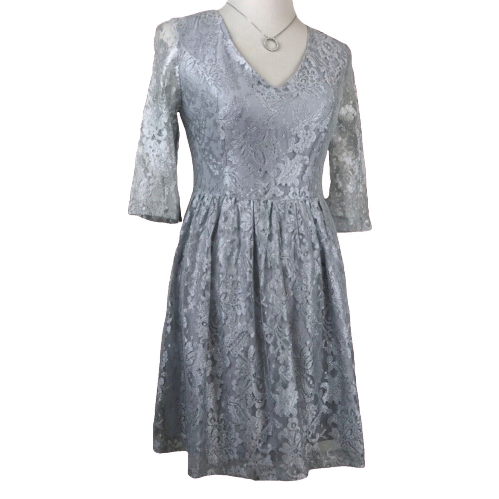 Kensie Silver Lace Full Skirt 3/4 Sleeve Holiday Party Dress Women's Size S
